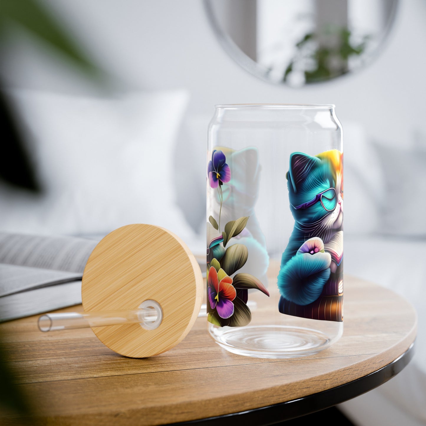 Funny Cute Cat Iced Coffee Glass Tumbler With Bamboo Lid  & Straw