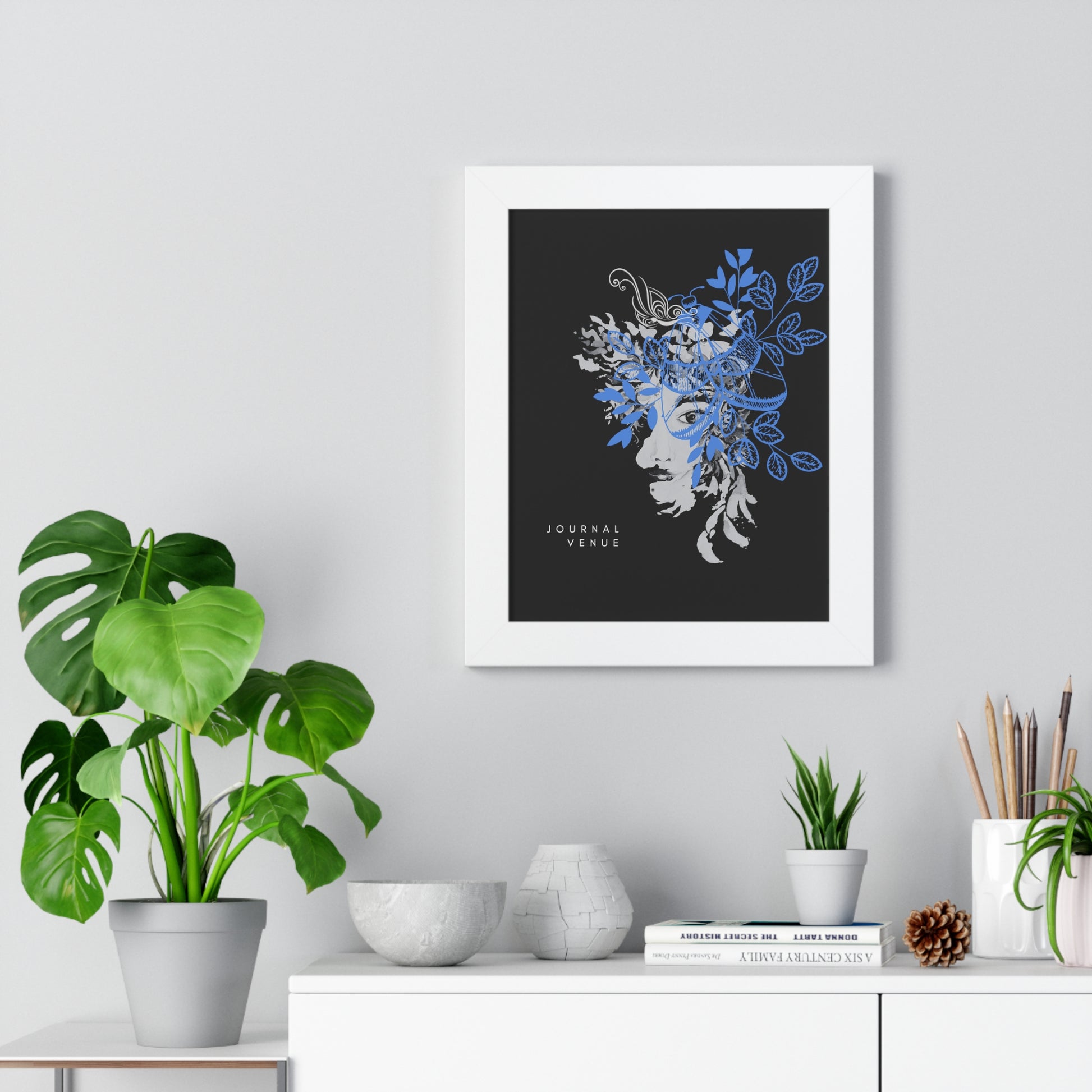 Blue Floral Framed Vertical Wall Art  Poster - JOURNAL VENUE