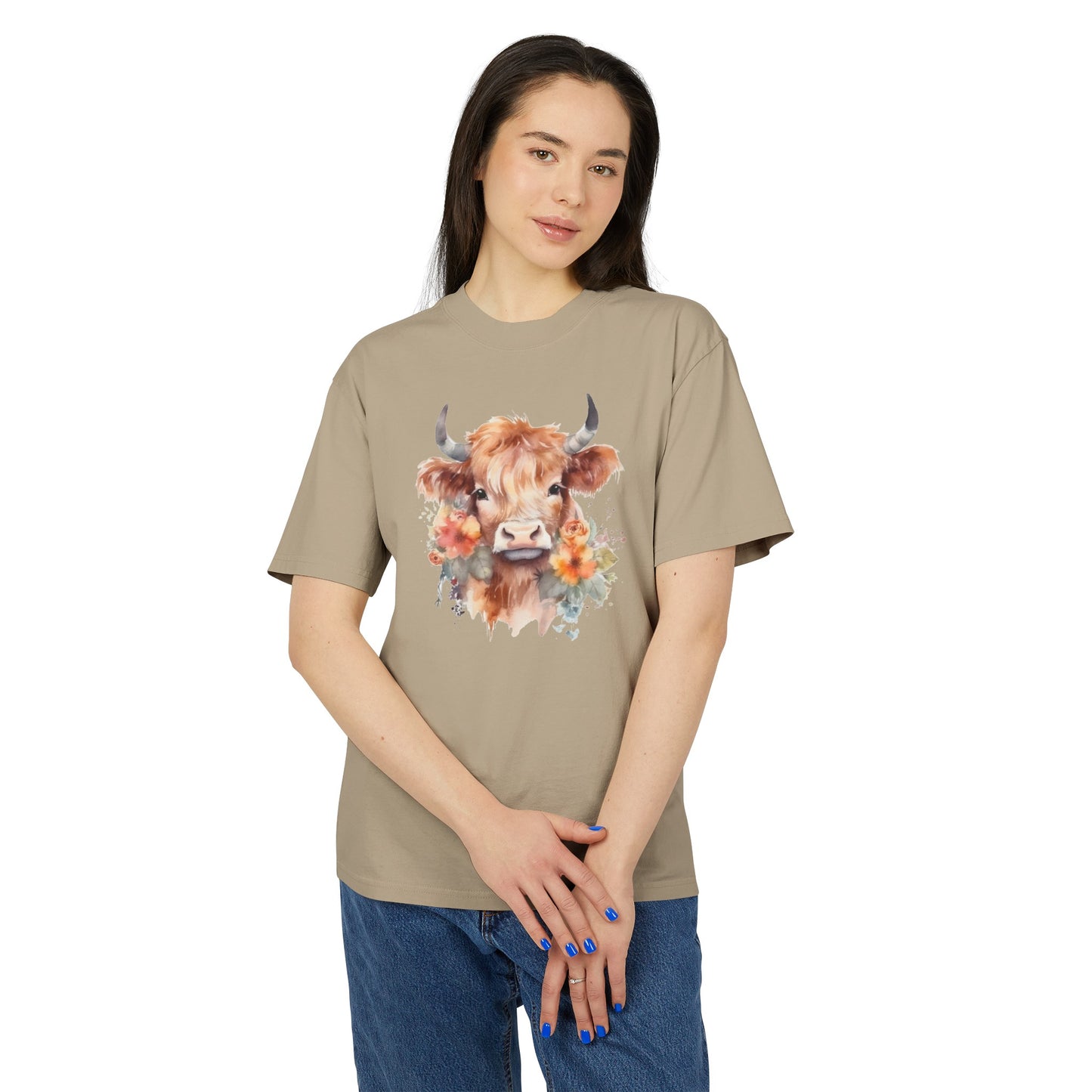 Floral Highland Cow Heavy Faded T Shirt