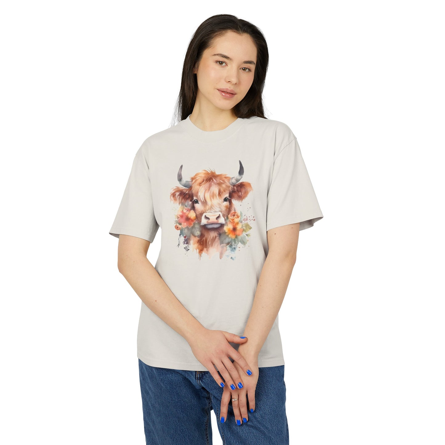 Floral Highland Cow Heavy Faded T Shirt