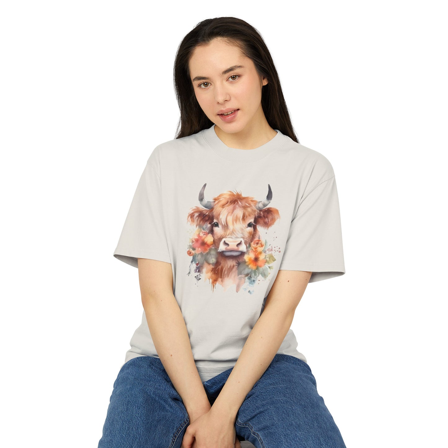 Floral Highland Cow Heavy Faded T Shirt