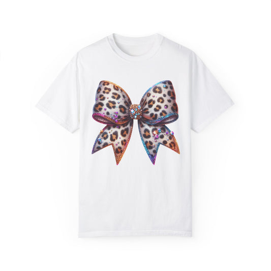 Coquette Bow T-shirt -Jeweled Vintage Leopard Coquette Bow T-shirt  - White Front- JOURNAL VENUE