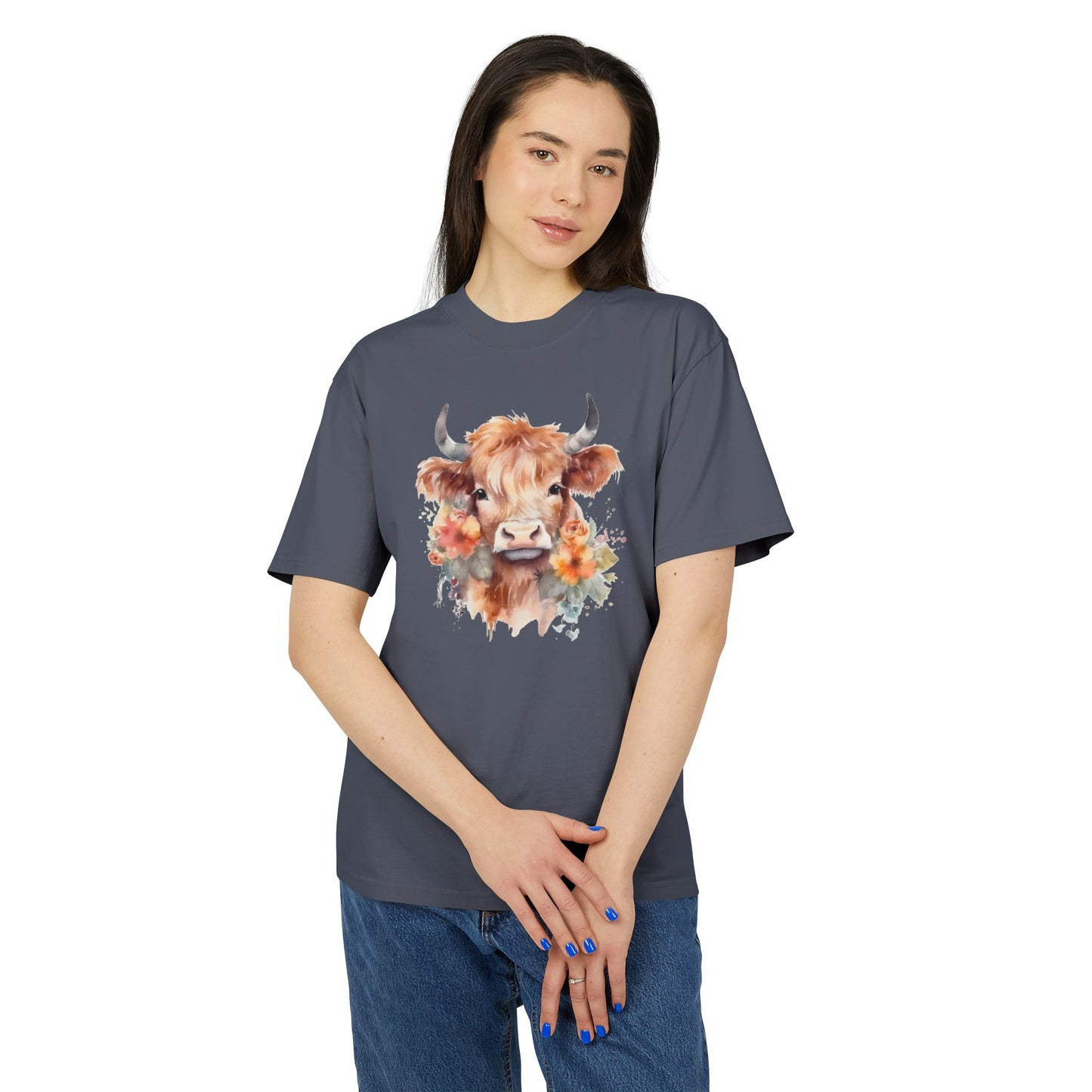 Floral Highland Cow Heavy Faded T Shirt