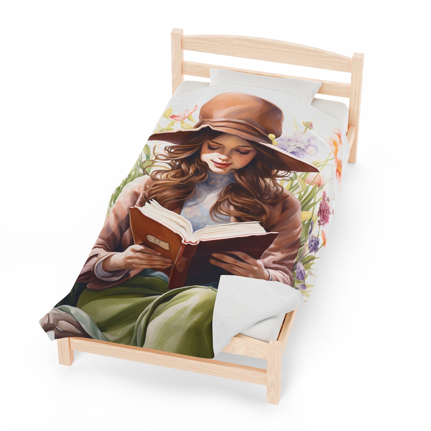 Book Reading Floral Girl Velveteen Plush Blanket