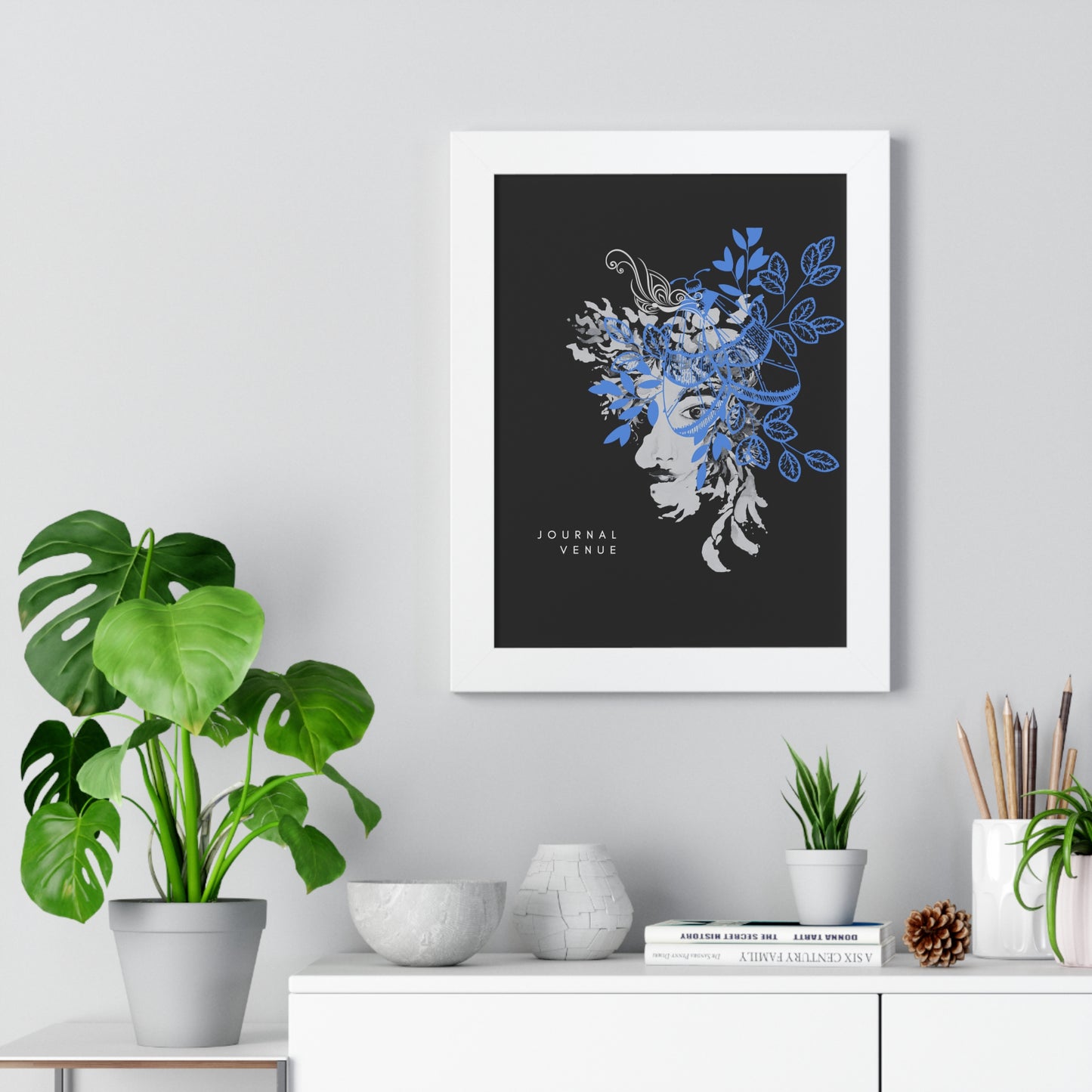 Blue Floral Framed Vertical Wall Art  Poster - JOURNAL VENUE