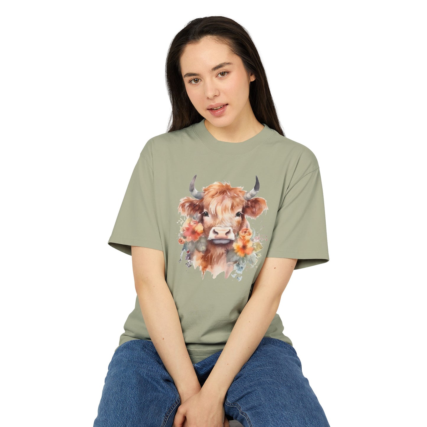 Floral Highland Cow Heavy Faded T Shirt