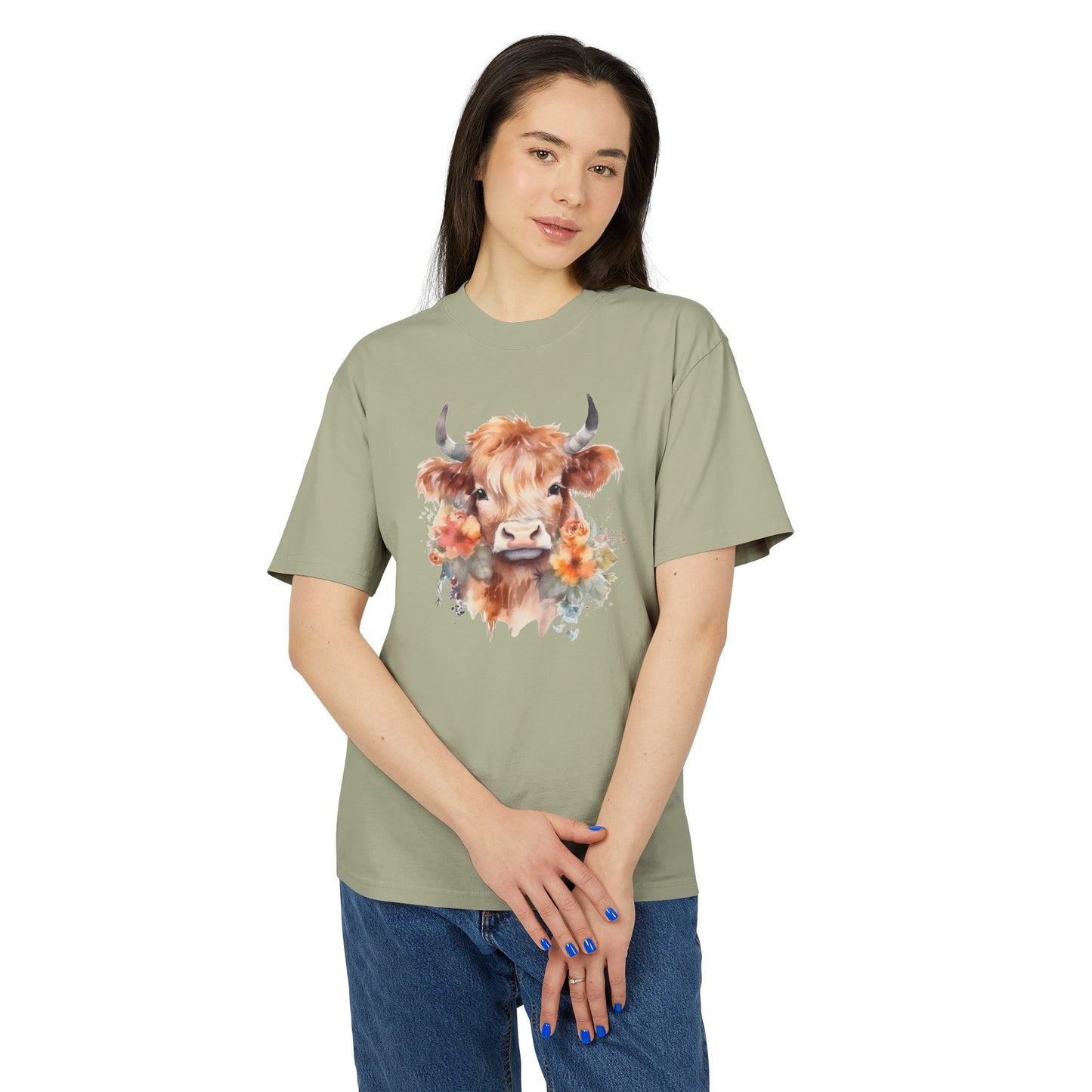 Floral Highland Cow Heavy Faded T Shirt