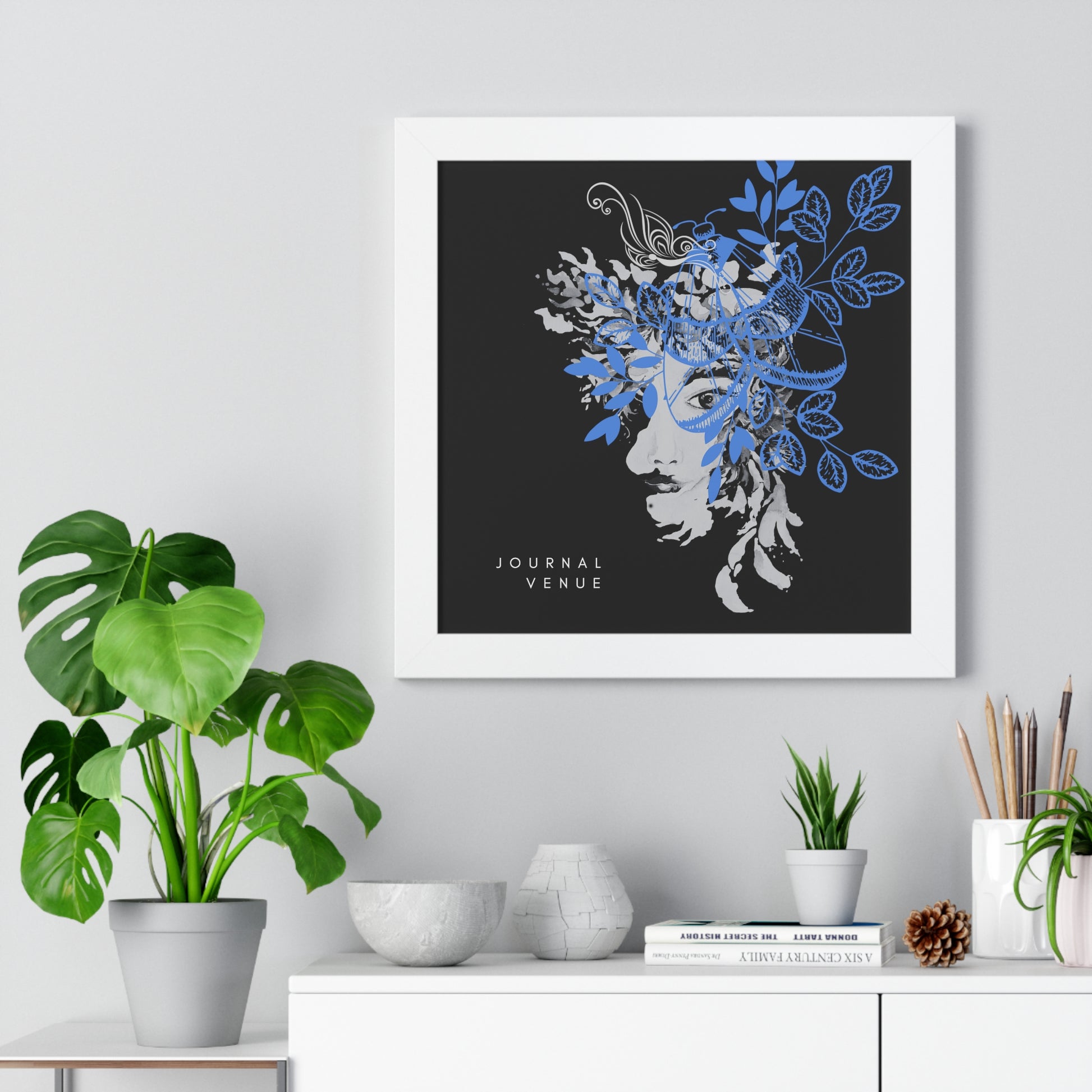 Blue Floral Framed Vertical Wall Art  Poster - JOURNAL VENUE