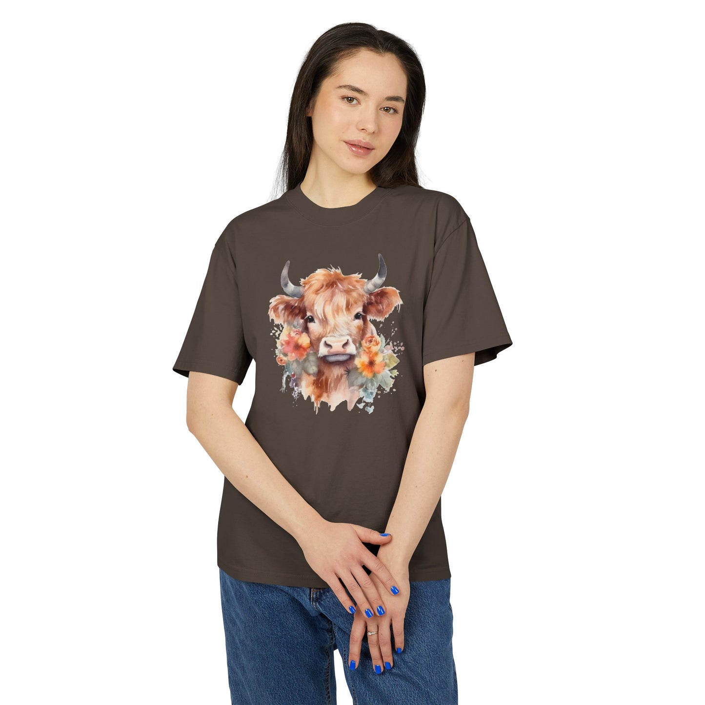 Floral Highland Cow Heavy Faded T Shirt