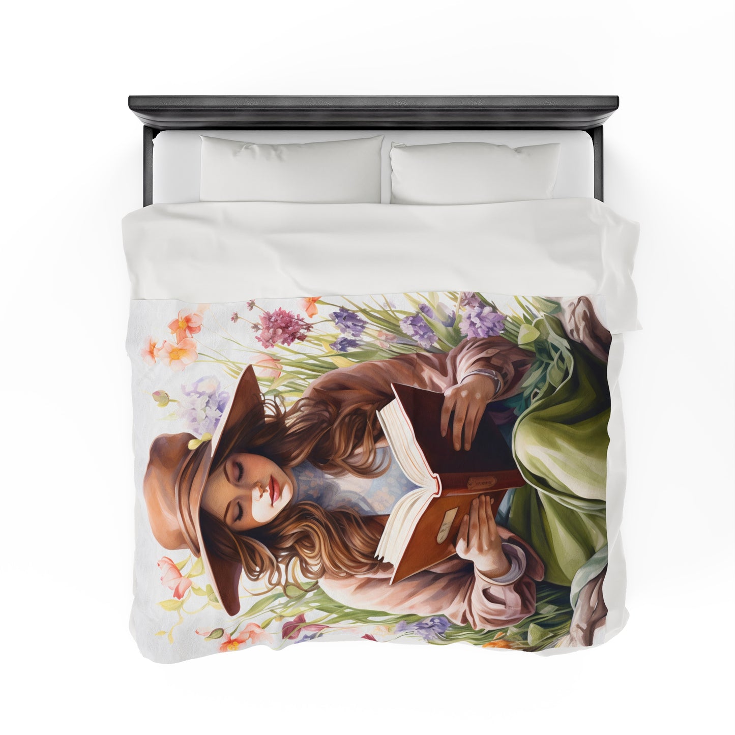 Book Reading Floral Girl Velveteen Plush Blanket