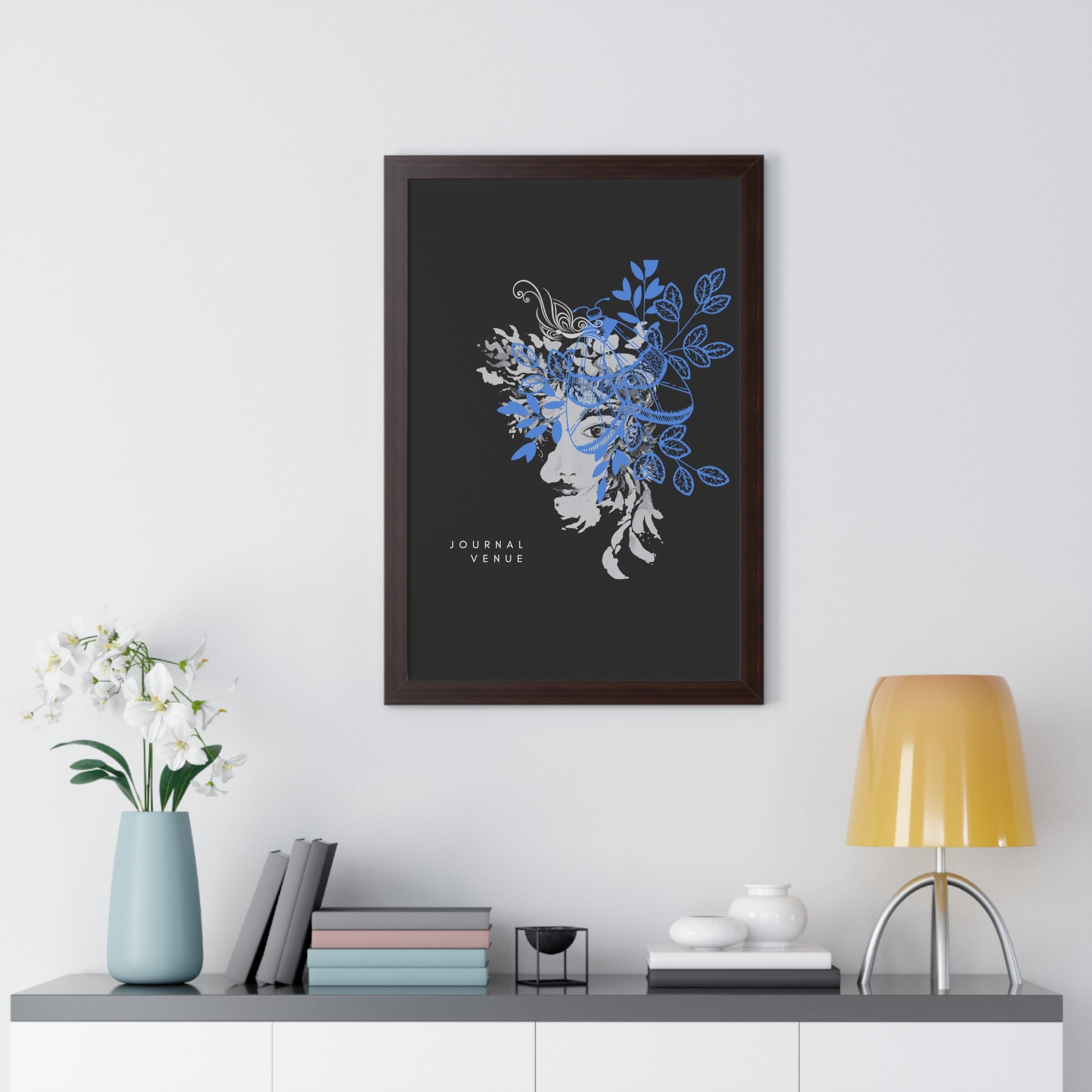 Blue Floral Framed Vertical Wall Art  Poster - JOURNAL VENUE